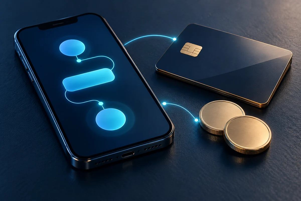 Smartphone, betaalkaart en munten als illustratie van digitale betalingen