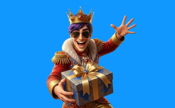 Skyhills-personage met kroon en een ingepakt cadeau